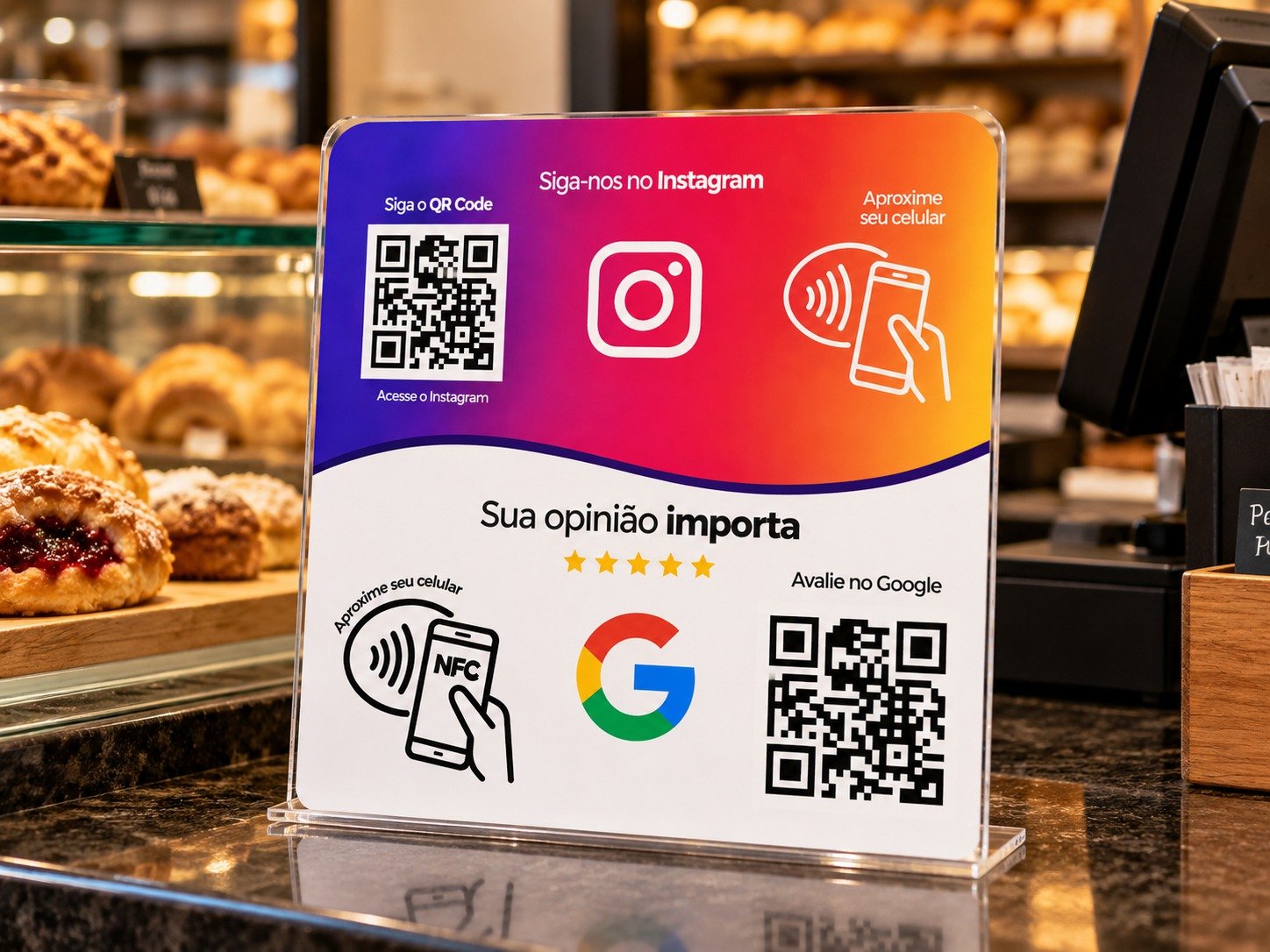 DISPLAY DE AVALIAÇÃO DO GOOGLE E SEGUIR NO INSTAGRAM QRCODE+ NFC